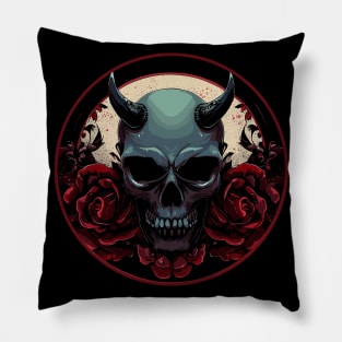 Dark scary skull with red rose flowers in a circle Halloween Pillow