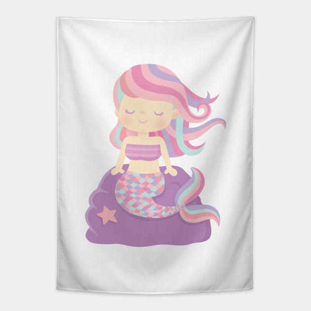 Cute Little Mermaid Seated On Rock Tapestry by rustydoodle