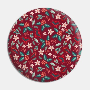 Merry and Bright Mistletoes and Poinsettia flowers on red Pin