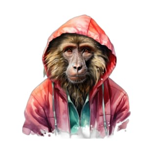 Watercolor Cartoon Baboon in a Hoodie T-Shirt