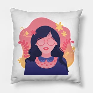 Girl with Wavy Hair and Glasses Pillow