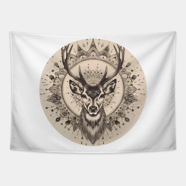 Mandala - Deer B&W Tapestry by aleibanez