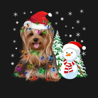 Yorkshire Terrier Christmas Santa Hat Xmas Lights Yorkie Dog T-Shirt