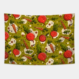 Carrots and Beetroot on Green Background Tapestry