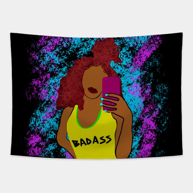 BadAss Black Girl Curly Hair Taking Selfie Tapestry by blackartmattersshop