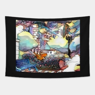 A blue park bench Tapestry