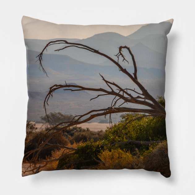 Namibia. Dead Tree with the Mountain Silhouettes. Pillow by vadim19