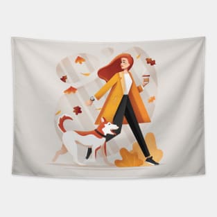 Girl and Dog Walking Tapestry