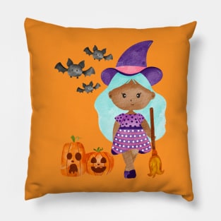 Witch with pumpkins and bats Pillow