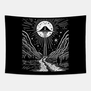 Black and White UFO Invasion Art - Monochrome Extraterrestrial Design Tapestry