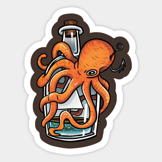 Octopus With A Ship In A Bottle Octopus Illustration Sticker