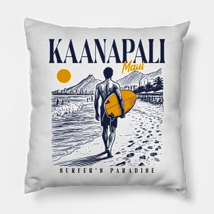 Vintage Surfing Kaanapali Beach Maui, Hawaii// Retro Surfer Sketch // Surfer's Paradise Pillow