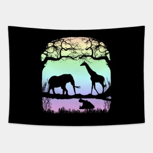 Night picture with Elephant, Giraffe and Hippo in Africa Tapestry