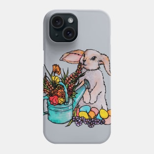 Watercolor Easter Bunny with watering can full of flowers Phone Case