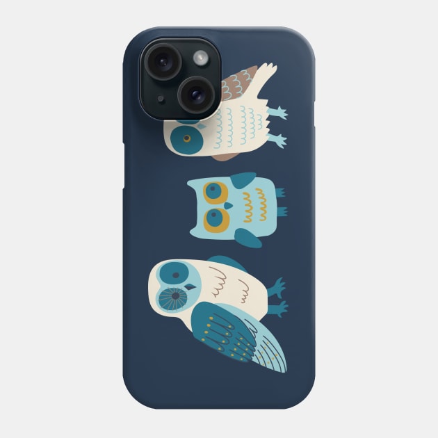 Trio of Owls - Teal, aqua and mustard Phone Case by Cecca