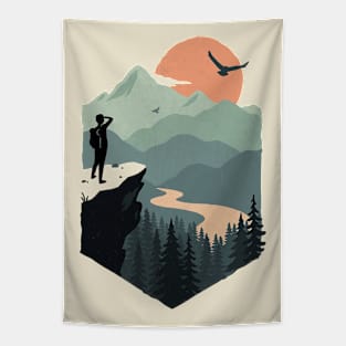 Adventure Traveler On Mountain Cliff - Wanderlust Tapestry