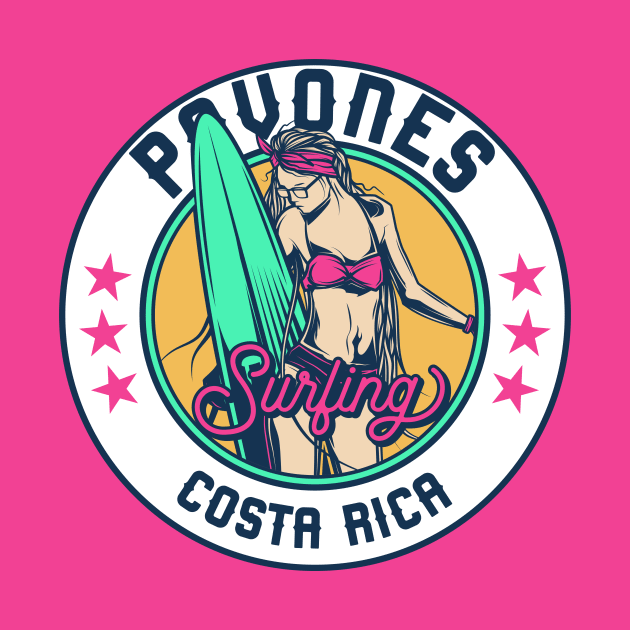 Retro Surfer Babe Badge Pavones Costa Rica by Now Boarding