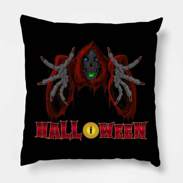 Spooky Happy Halloween Scary Reaper Pillow by TigsArts