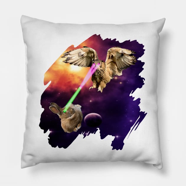 Rabbit vs. Owl Laser Battle in Outer Space Gift Pillow by ro83land