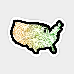 Colorful mandala art map of the United States of America in green and orange on white background Magnet