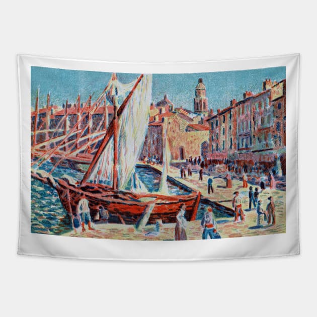 Saint-Tropez Waterfront With Sailboat, Maximilien Luce 1897 Tapestry by rocketshipretro