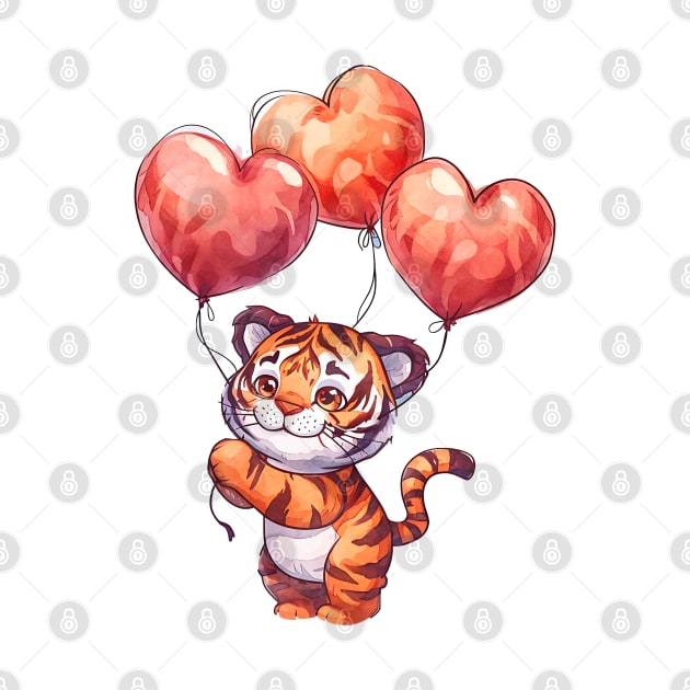 Valentine Tiger Holding Heart Shaped Balloons by Chromatic Fusion Studio