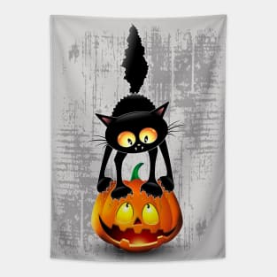 Cat Fun Halloween Character Cartoon scratching a Halloween Pumpkin Tapestry