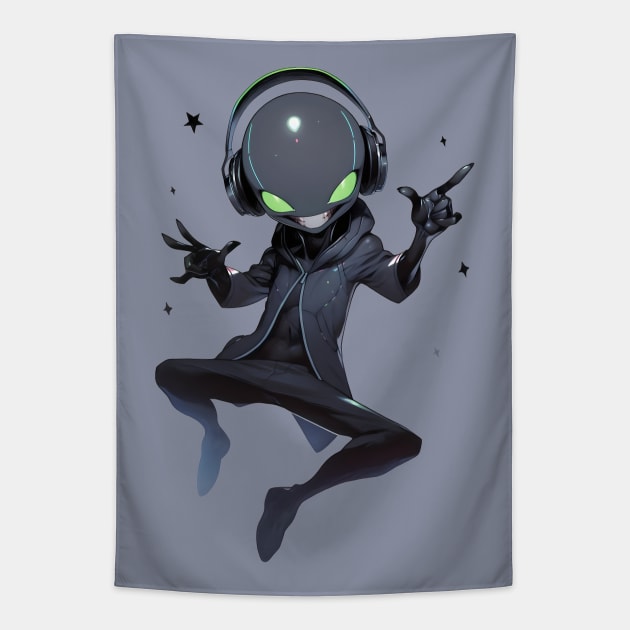 An alien is listening to music in headphones Tapestry by Logard