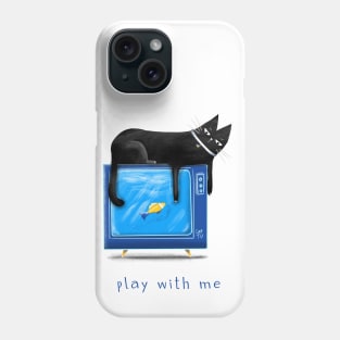 Cartoon black cat with a TV and a fish on the screen and the inscription "Play with me". Phone Case