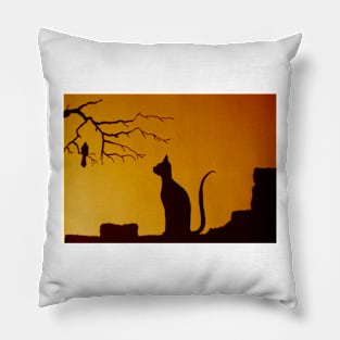 Cat and Bird at Sunset Pillow