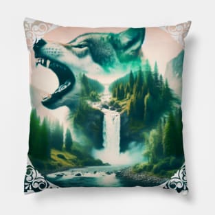 Landscape With Wolf Illustration Pillow