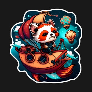 A Red Panda sailing a Boat in Outer Space Sticker T-Shirt