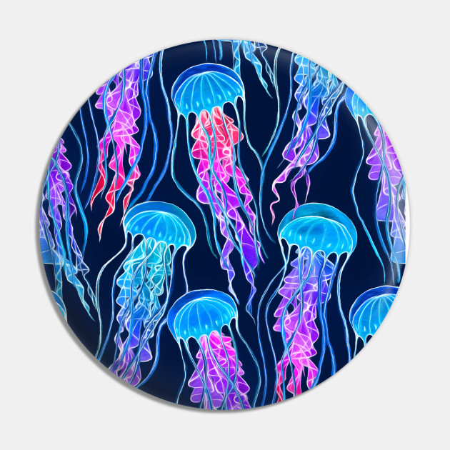Luminescent Rainbow Jellyfish On Navy Blue Jellyfish Pin