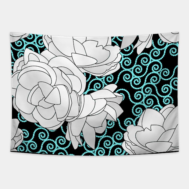Sampaguita Flowers with Blue Spirals on Black Tapestry by ArtticArlo