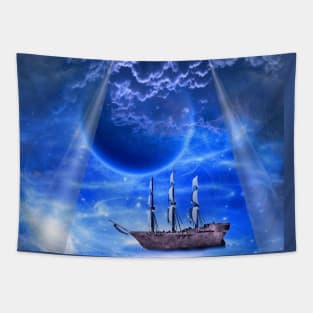 Ancient ship floats on clouds Tapestry