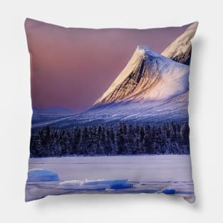 View of the giant mountains that are behind the icy lake and the winter forest Pillow