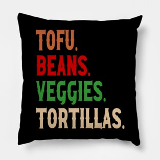 Tofu. Beans. Veggies. Tortillas. Vintage vegan burrito ingredients Pillow