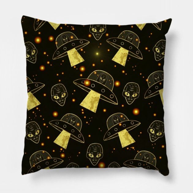 Gold Alien Spaceship Invasion Pillow by SartorisArt1