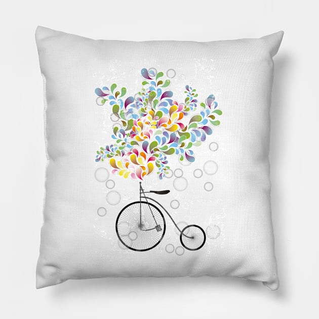 Abstract illustration of retro bicycle, colorful shapes and transparent circles Pillow by schtroumpf2510