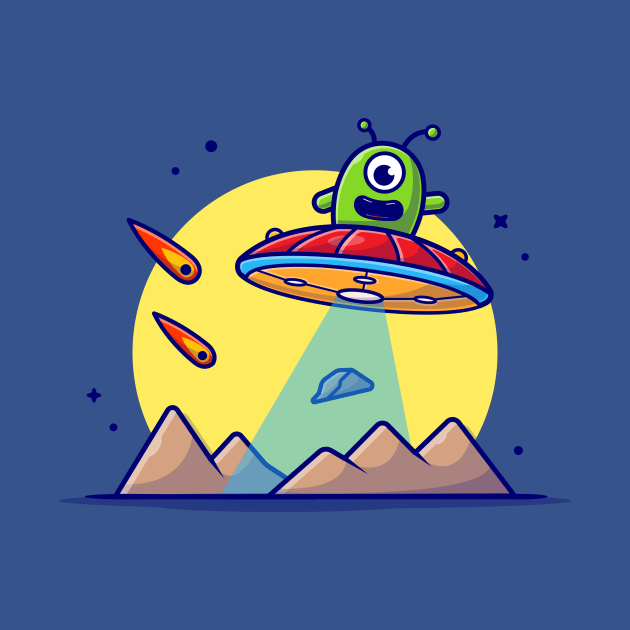 Cute Alien Flying on Planet with UFO and Meteorite Space Cartoon Vector Icon Illustration by Catalyst Labs