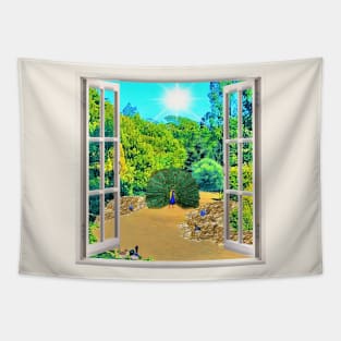 Garden Window View with Birds Tapestry