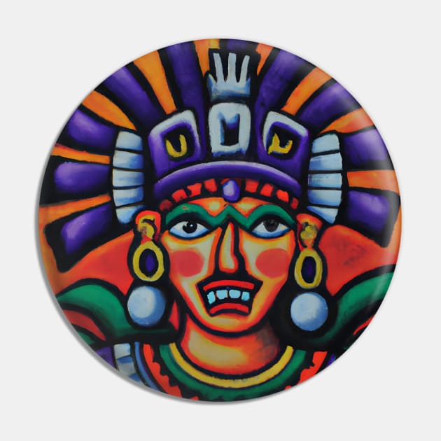 Aztec God - Colorful Painting Pin by Ravenglow