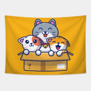 Cute Cat Playing In The Box Cartoon Tapestry