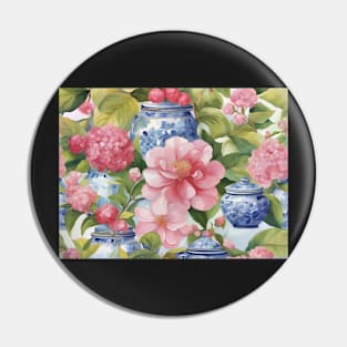 Camellia flowers and chinoiserie jars watercolor Pin