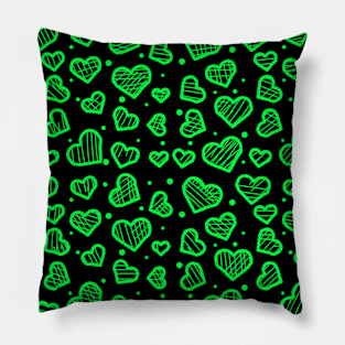 Green Artistic Sketchy Hearts Seamless Pattern on Black Background Pillow