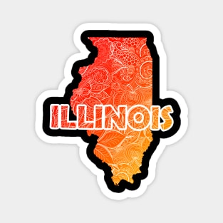 Colorful mandala art map of Illinois with text in red and orange Magnet