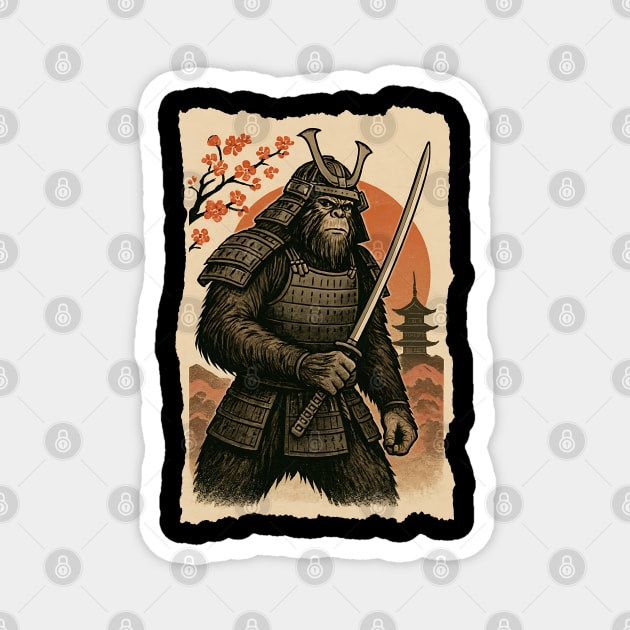 Sasquatch Bigfoot Samurai Katana, Japanese Mythical Warrior Vintage Design Magnet by Pixel Threads 