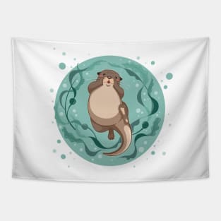 sea otter floating on water with kelp forest vector illustration Tapestry