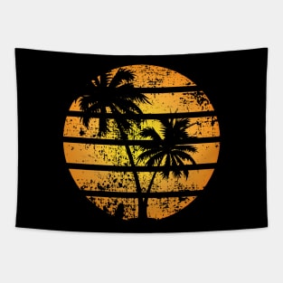 Distressed Worn Print 80s Retro Palm Tree Sunset Silhouette Tapestry