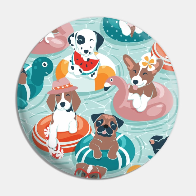 Summer pool pawty // aqua background dog breeds in vacations playing on swimming pool floats Pin by SelmaCardoso